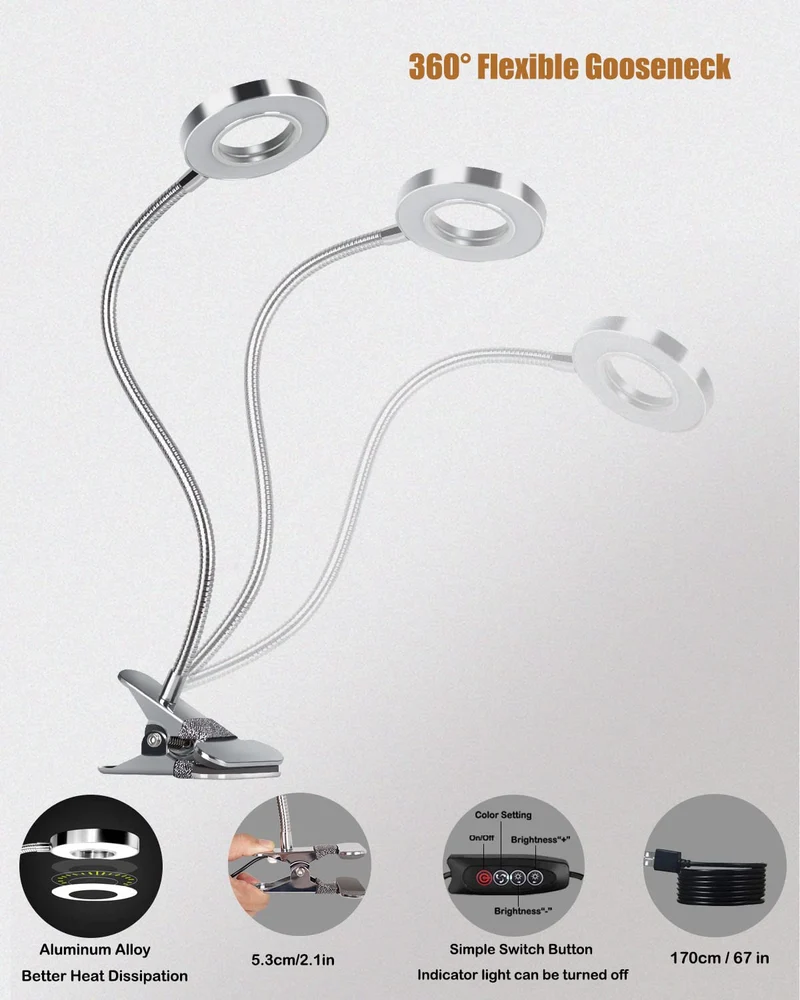 EYOCEAN LED-Leselampe, dimmbare Klemmleuchte für Bettkopfteil, Schlafzimmer, Büro, 3 Modi & 10 Dimmstufen, flexibles Klemmlicht,Inklusive CE Adapter, 8W, Silber
