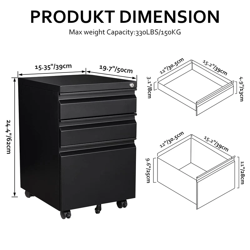 Rollcontainer Aktenschrank abschließbar Büroschrank metallschrank File Cabinet Lagerschrank Beistellcontainer schubladenschrank Beistellcontainer Bürokommode für Dokumente 39 x 50 x 62 cm schwarz