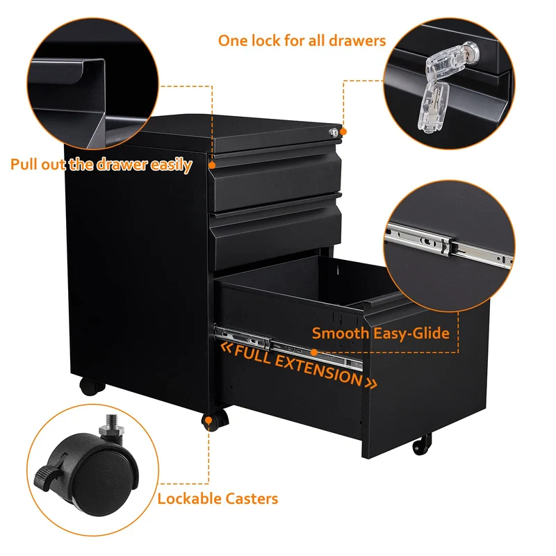 Rollcontainer Aktenschrank abschließbar Büroschrank metallschrank File Cabinet Lagerschrank Beistellcontainer schubladenschrank Beistellcontainer Bürokommode für Dokumente 39 x 50 x 62 cm schwarz