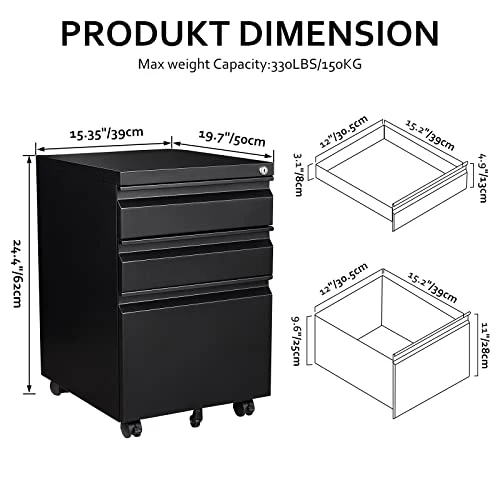 Rollcontainer Aktenschrank abschließbar Büroschrank metallschrank File Cabinet Lagerschrank Beistellcontainer schubladenschrank Beistellcontainer Bürokommode für Dokumente 39 x 50 x 62 cm schwarz