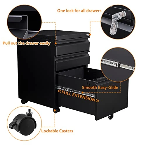 Rollcontainer Aktenschrank abschließbar Büroschrank metallschrank File Cabinet Lagerschrank Beistellcontainer schubladenschrank Beistellcontainer Bürokommode für Dokumente 39 x 50 x 62 cm schwarz