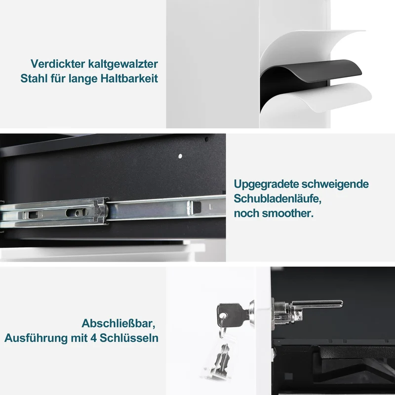 Rollcontainer mit Schubladen, Mobiler Aktenschrank unter Schreibtisch, Abschließbarer Büroschrank, Druckertisch, 4 Schubladen 4 Schlüssel, Vormontiert, Büro, Homeoffice, Weiß