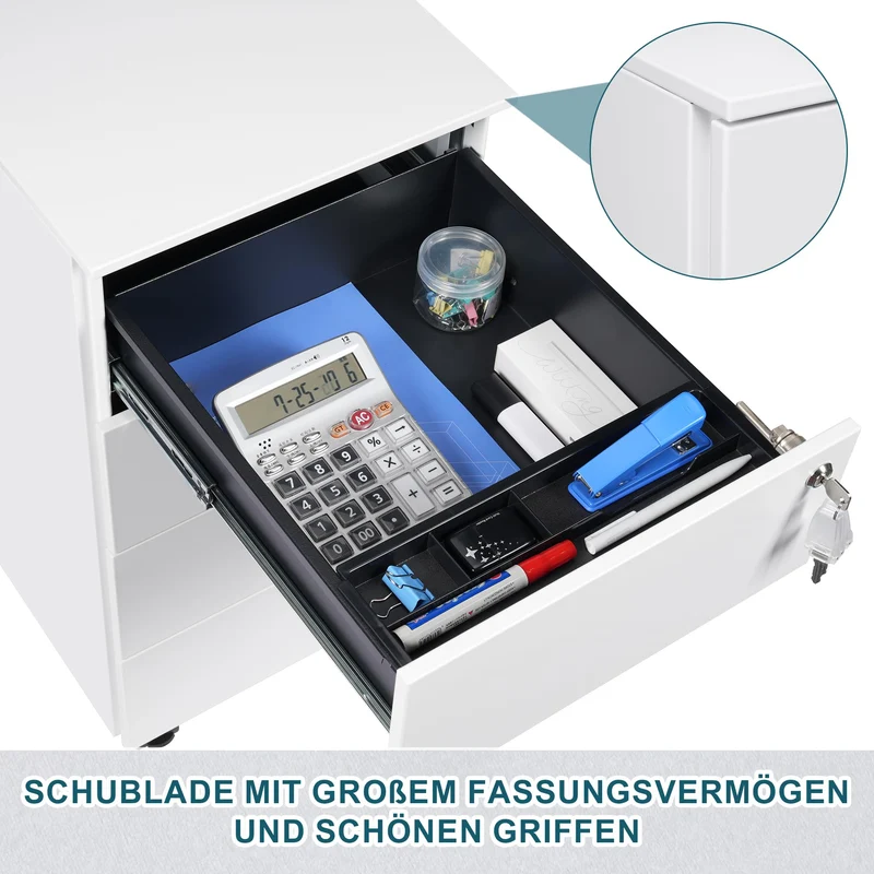 Rollcontainer mit Schubladen, Mobiler Aktenschrank unter Schreibtisch, Abschließbarer Büroschrank, Druckertisch, 4 Schubladen 4 Schlüssel, Vormontiert, Büro, Homeoffice, Weiß