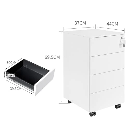 Rollcontainer mit Schubladen, Mobiler Aktenschrank unter Schreibtisch, Abschließbarer Büroschrank, Druckertisch, 4 Schubladen 4 Schlüssel, Vormontiert, Büro, Homeoffice, Weiß