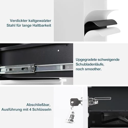 Rollcontainer mit Schubladen, Mobiler Aktenschrank unter Schreibtisch, Abschließbarer Büroschrank, Druckertisch, 4 Schubladen 4 Schlüssel, Vormontiert, Büro, Homeoffice, Weiß