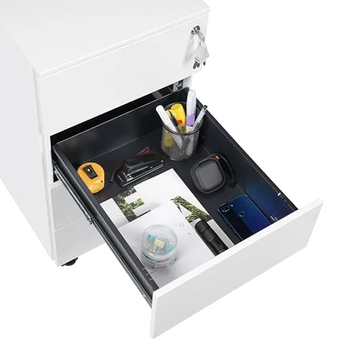 Rollcontainer mit Schubladen, Mobiler Aktenschrank unter Schreibtisch, Abschließbarer Büroschrank, Druckertisch, 4 Schubladen 4 Schlüssel, Vormontiert, Büro, Homeoffice, Weiß