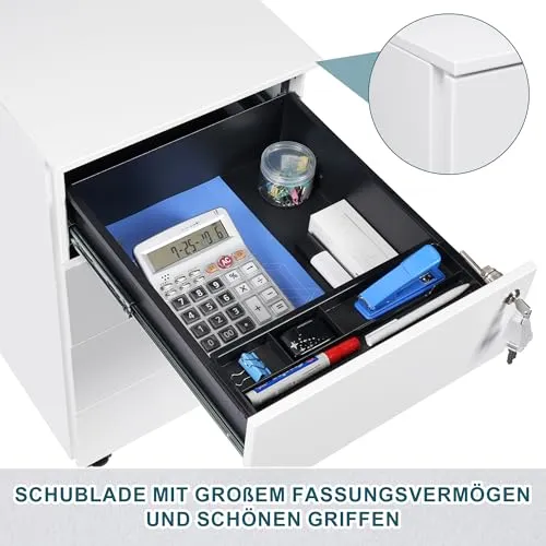 Rollcontainer mit Schubladen, Mobiler Aktenschrank unter Schreibtisch, Abschließbarer Büroschrank, Druckertisch, 4 Schubladen 4 Schlüssel, Vormontiert, Büro, Homeoffice, Weiß