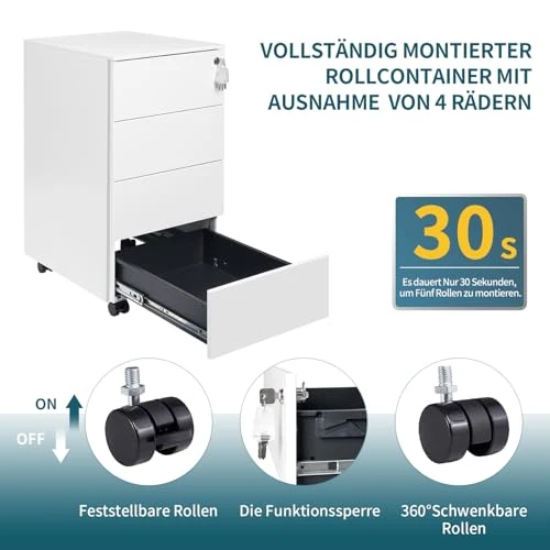 Rollcontainer mit Schubladen, Mobiler Aktenschrank unter Schreibtisch, Abschließbarer Büroschrank, Druckertisch, 4 Schubladen 4 Schlüssel, Vormontiert, Büro, Homeoffice, Weiß