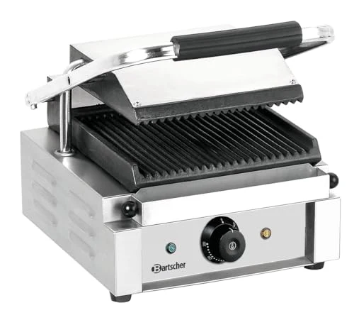 Bartscher Kontaktgrill 1800 1R mit gerillten Gusseisenplatten, Edelstahlgehäuse, thermostatisch regelbar, 1,8 kW, silbergrau, für Gastronomie