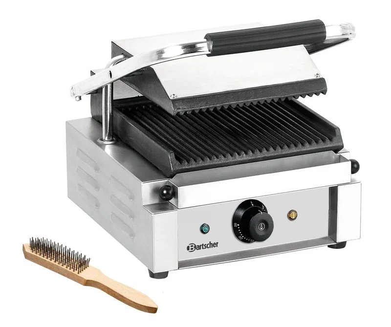 Bartscher Kontaktgrill 1800 1R mit gerillten Gusseisenplatten, Edelstahlgehäuse, thermostatisch regelbar, 1,8 kW, silbergrau, für Gastronomie