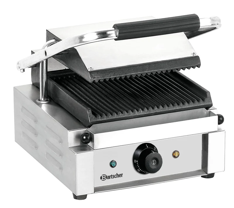 Bartscher Kontaktgrill 1800 1R mit gerillten Gusseisenplatten, Edelstahlgehäuse, thermostatisch regelbar, 1,8 kW, silbergrau, für Gastronomie
