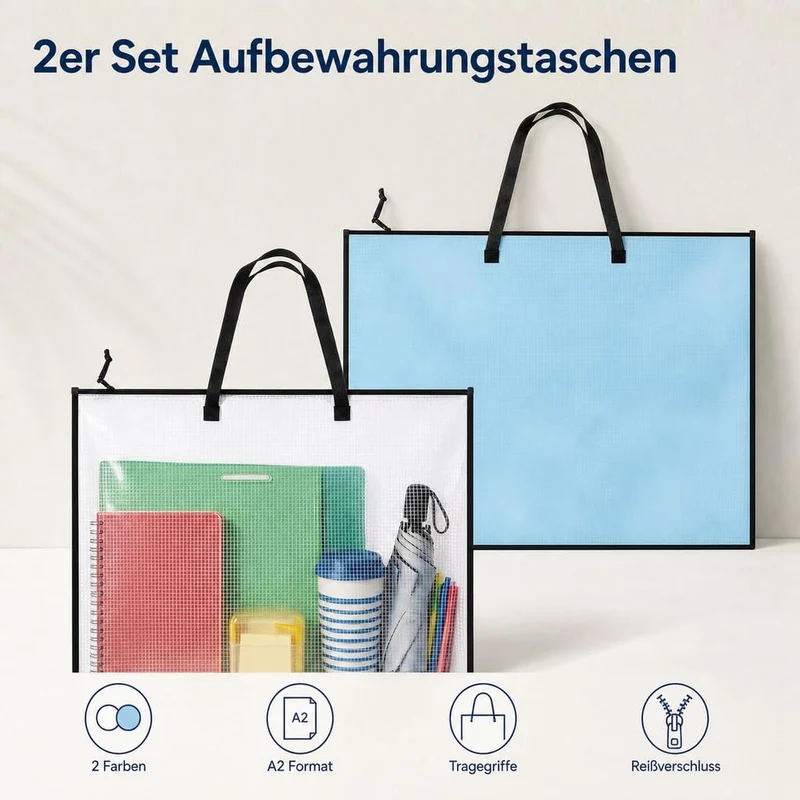 2 Stück Zeichenmappe A2, Sammelmappe mit wasserfester Aufbewahrung, DIN A2 Mappe Mit Reißverschluss, Ideal Zum Organisieren Von Zeichnungen Dokumenten Kunstwerken