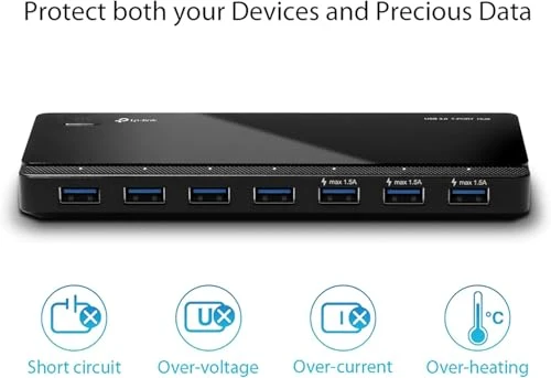 TP-Link UH700 USB 3.0 Hub mit Stromversorgung, 7-Port USB Verteiler & Splitter, idealer USB Adapter mehrfach für Windows, Mac, Chrome & Linux OS, mit Netzteil & EIN/Aus-Schalter