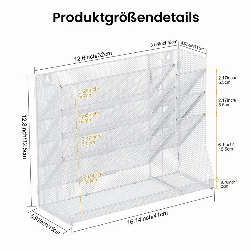 TQVAI 5 Fächer Metall Zeitschriftenhalter Wand Dokumenten Organizer mit 3 Stiftehalter A4 Papier Flyerhalter Postsortierer Dokumentenablage für Büro Zuhause Schule, Weiß