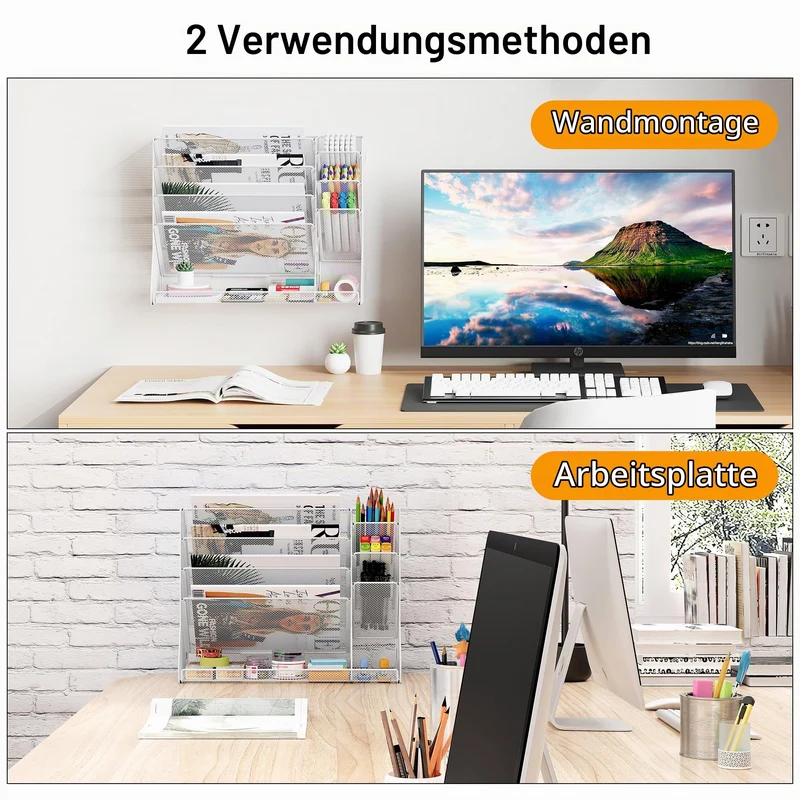 TQVAI 5 Fächer Metall Zeitschriftenhalter Wand Dokumenten Organizer mit 3 Stiftehalter A4 Papier Flyerhalter Postsortierer Dokumentenablage für Büro Zuhause Schule, Weiß