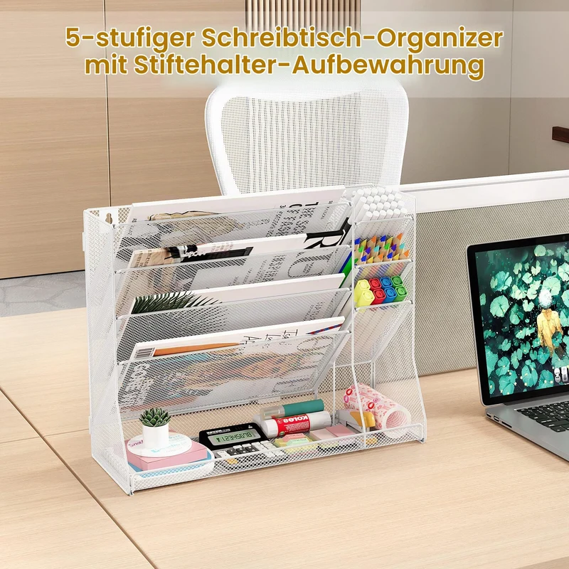 TQVAI 5 Fächer Metall Zeitschriftenhalter Wand Dokumenten Organizer mit 3 Stiftehalter A4 Papier Flyerhalter Postsortierer Dokumentenablage für Büro Zuhause Schule, Weiß