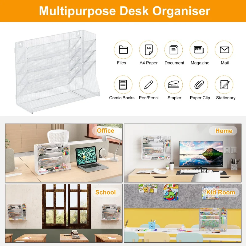 TQVAI 5 Fächer Metall Zeitschriftenhalter Wand Dokumenten Organizer mit 3 Stiftehalter A4 Papier Flyerhalter Postsortierer Dokumentenablage für Büro Zuhause Schule, Weiß