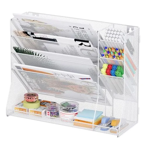 TQVAI 5 Fächer Metall Zeitschriftenhalter Wand Dokumenten Organizer mit 3 Stiftehalter A4 Papier Flyerhalter Postsortierer Dokumentenablage für Büro Zuhause Schule, Weiß
