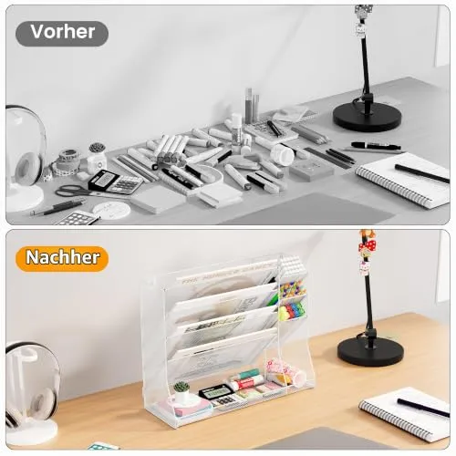 TQVAI 5 Fächer Metall Zeitschriftenhalter Wand Dokumenten Organizer mit 3 Stiftehalter A4 Papier Flyerhalter Postsortierer Dokumentenablage für Büro Zuhause Schule, Weiß