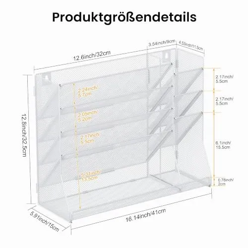 TQVAI 5 Fächer Metall Zeitschriftenhalter Wand Dokumenten Organizer mit 3 Stiftehalter A4 Papier Flyerhalter Postsortierer Dokumentenablage für Büro Zuhause Schule, Weiß