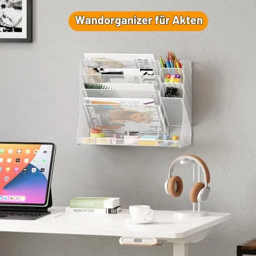 TQVAI 5 Fächer Metall Zeitschriftenhalter Wand Dokumenten Organizer mit 3 Stiftehalter A4 Papier Flyerhalter Postsortierer Dokumentenablage für Büro Zuhause Schule, Weiß