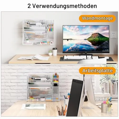 TQVAI 5 Fächer Metall Zeitschriftenhalter Wand Dokumenten Organizer mit 3 Stiftehalter A4 Papier Flyerhalter Postsortierer Dokumentenablage für Büro Zuhause Schule, Weiß