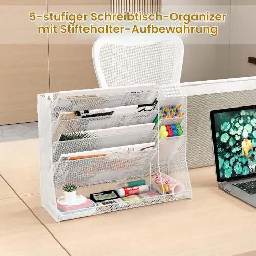 TQVAI 5 Fächer Metall Zeitschriftenhalter Wand Dokumenten Organizer mit 3 Stiftehalter A4 Papier Flyerhalter Postsortierer Dokumentenablage für Büro Zuhause Schule, Weiß
