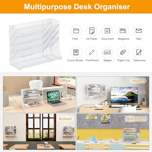 TQVAI 5 Fächer Metall Zeitschriftenhalter Wand Dokumenten Organizer mit 3 Stiftehalter A4 Papier Flyerhalter Postsortierer Dokumentenablage für Büro Zuhause Schule, Weiß