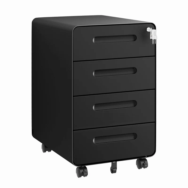 Rollcontainer mit 4 Schubladen, Aktenschrank, Abgerundetes Eckendesign, Abschließbar, 4 Schlüsseln, Schubladenschrank für Büro und Home Office, Schwarz