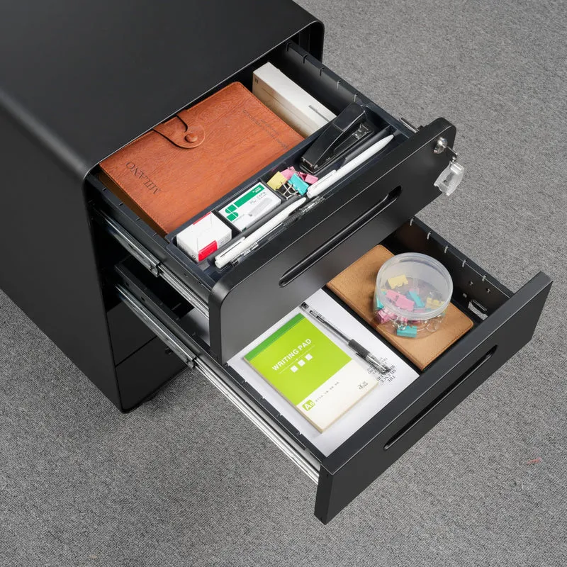 Rollcontainer mit 4 Schubladen, Aktenschrank, Abgerundetes Eckendesign, Abschließbar, 4 Schlüsseln, Schubladenschrank für Büro und Home Office, Schwarz