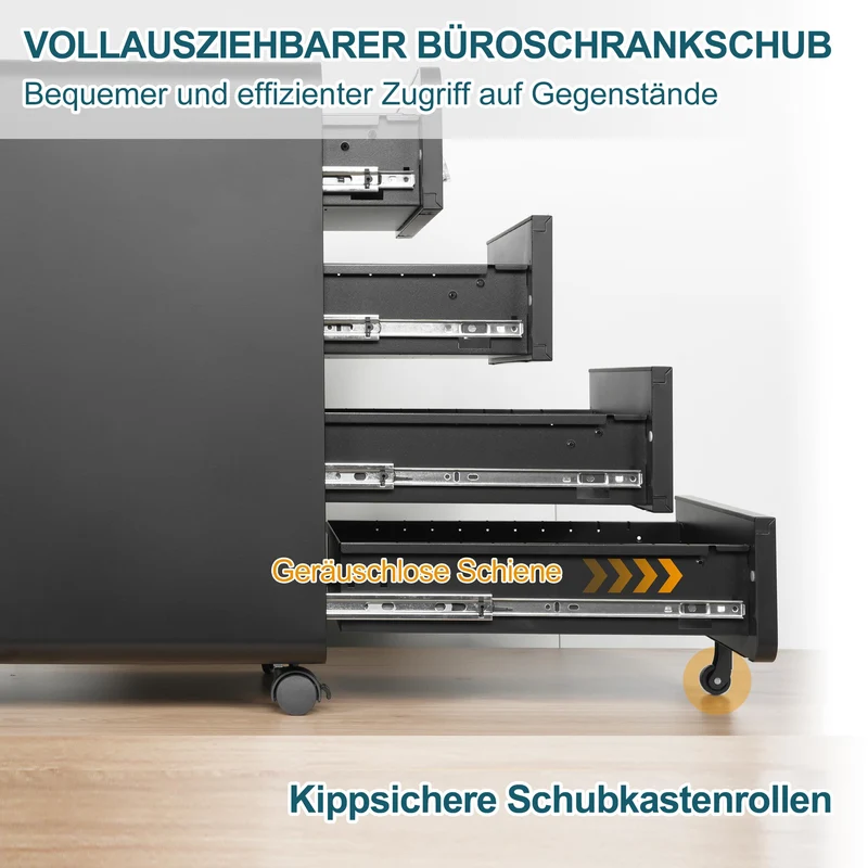 Rollcontainer mit 4 Schubladen, Aktenschrank, Abgerundetes Eckendesign, Abschließbar, 4 Schlüsseln, Schubladenschrank für Büro und Home Office, Schwarz