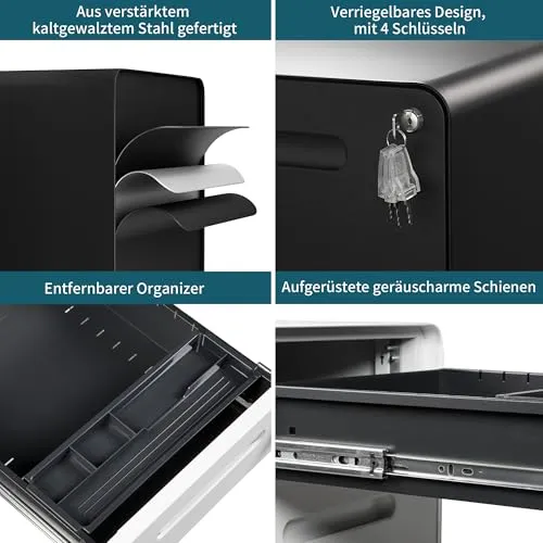 Rollcontainer mit 4 Schubladen, Aktenschrank, Abgerundetes Eckendesign, Abschließbar, 4 Schlüsseln, Schubladenschrank für Büro und Home Office, Schwarz