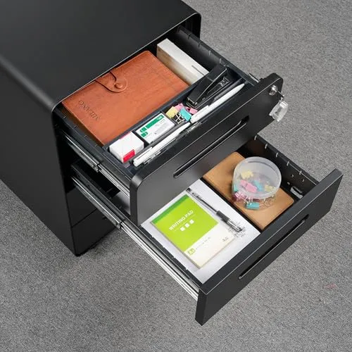 Rollcontainer mit 4 Schubladen, Aktenschrank, Abgerundetes Eckendesign, Abschließbar, 4 Schlüsseln, Schubladenschrank für Büro und Home Office, Schwarz