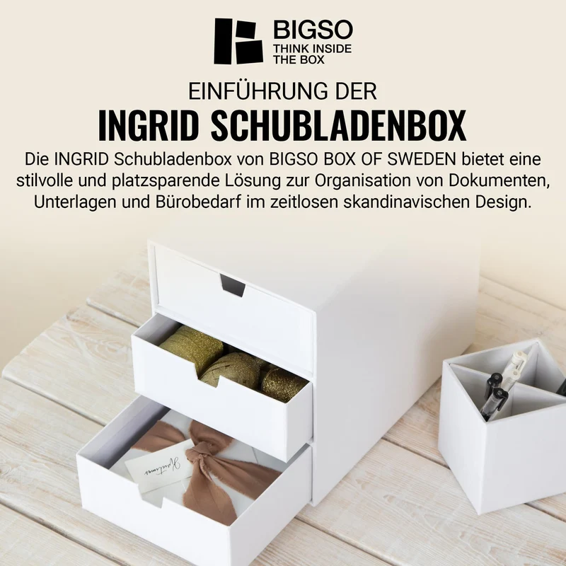 BIGSO INGRID Schubladenbox für Dokumente und Bürobedarf – Schreibtisch Organizer mit 3 Schubladen – Ablagesystem aus Faserplatte und Papier in Leinenoptik - Weiß