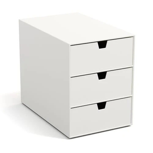 BIGSO INGRID Schubladenbox für Dokumente und Bürobedarf – Schreibtisch Organizer mit 3 Schubladen – Ablagesystem aus Faserplatte und Papier in Leinenoptik - Weiß
