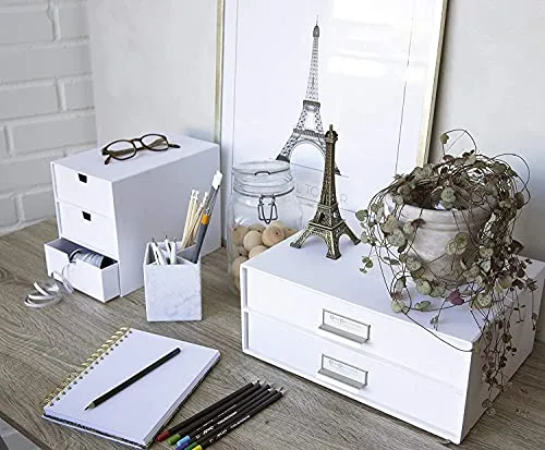 BIGSO INGRID Schubladenbox für Dokumente und Bürobedarf – Schreibtisch Organizer mit 3 Schubladen – Ablagesystem aus Faserplatte und Papier in Leinenoptik - Weiß