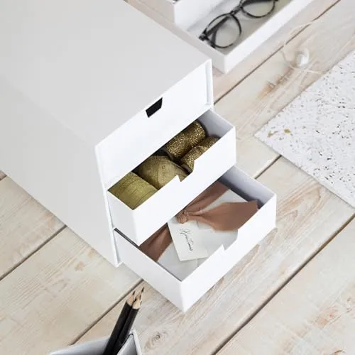 BIGSO INGRID Schubladenbox für Dokumente und Bürobedarf – Schreibtisch Organizer mit 3 Schubladen – Ablagesystem aus Faserplatte und Papier in Leinenoptik - Weiß