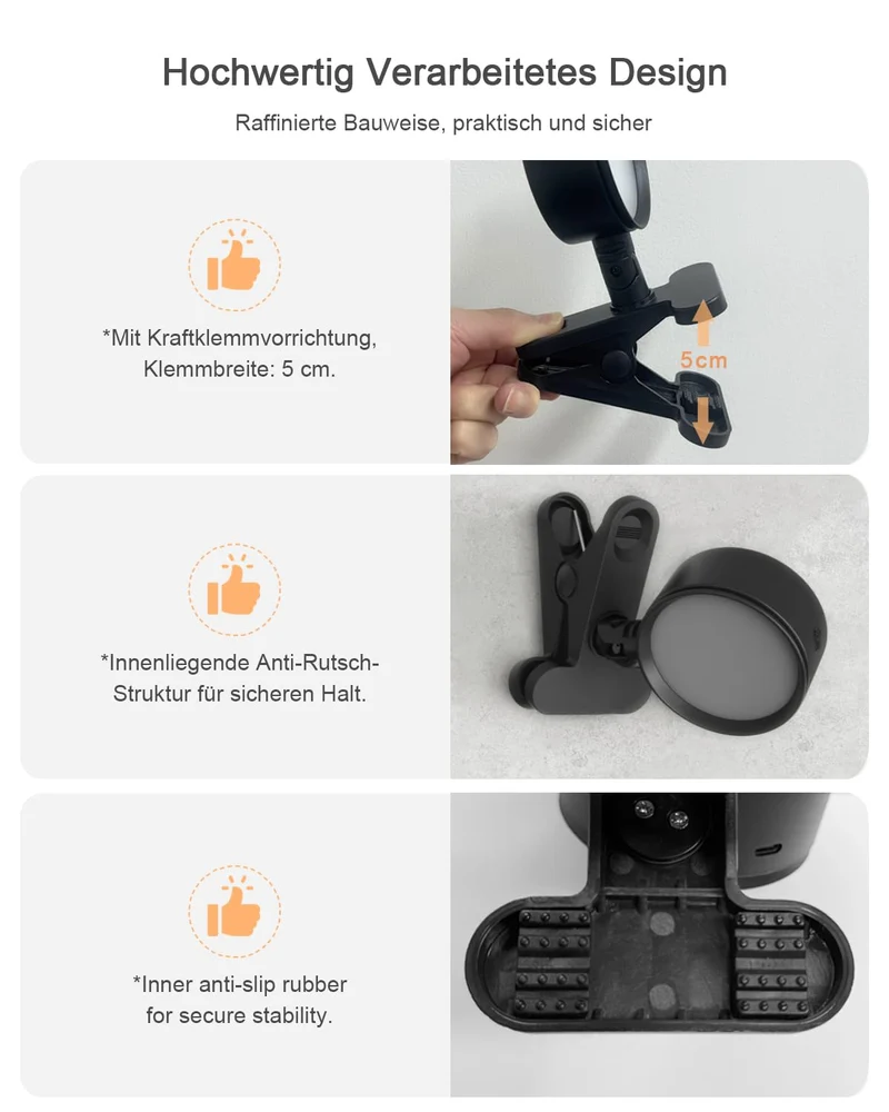 GOVSSING Leselampe Bett Akku Kabellos mit 5000mAh, Klemmleuchte Bett