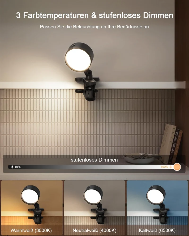 GOVSSING Leselampe Bett Akku Kabellos mit 5000mAh, Klemmleuchte Bett