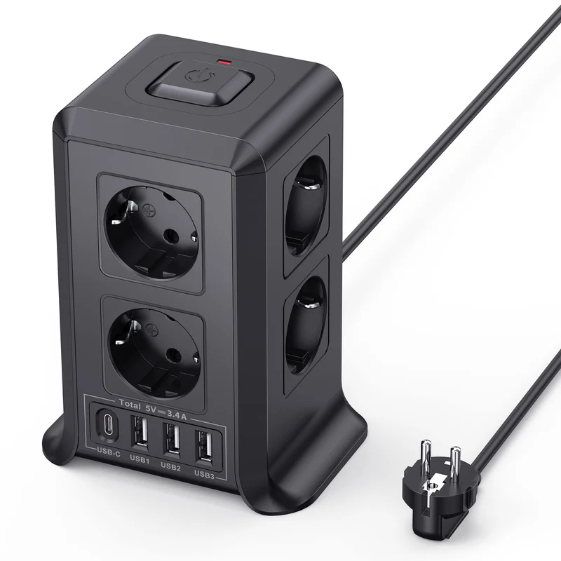 8 Fach Steckdosenleiste 2 M mit Mehrfachsteckdose, 4 USB Mehrfachstecker