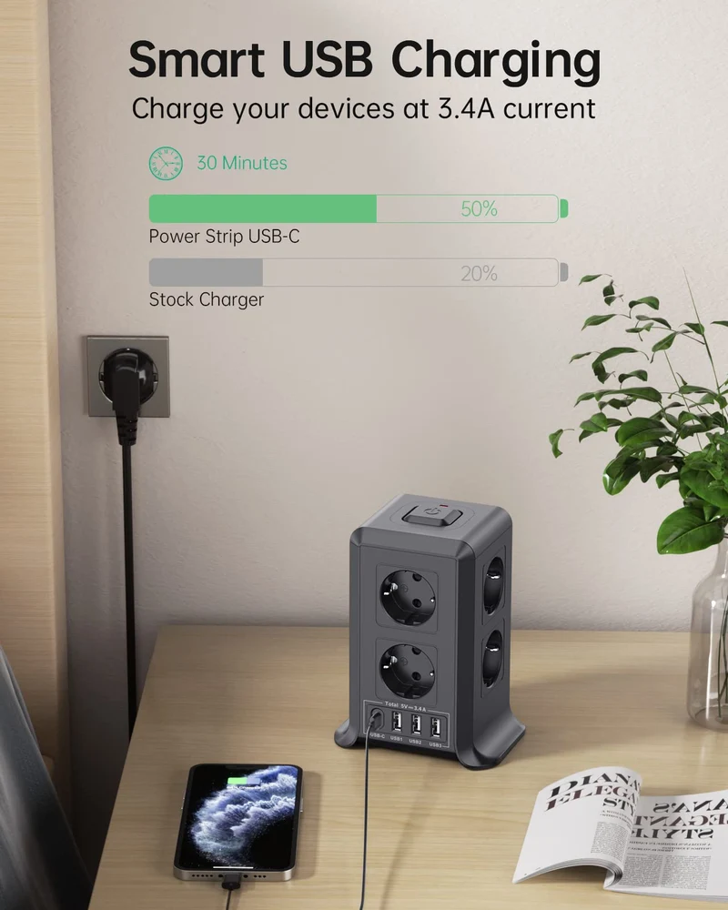 8 Fach Steckdosenleiste 2 M mit Mehrfachsteckdose, 4 USB Mehrfachstecker