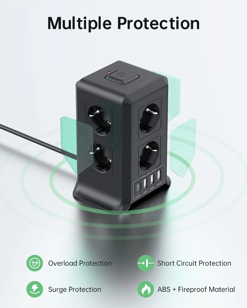 8 Fach Steckdosenleiste 2 M mit Mehrfachsteckdose, 4 USB Mehrfachstecker