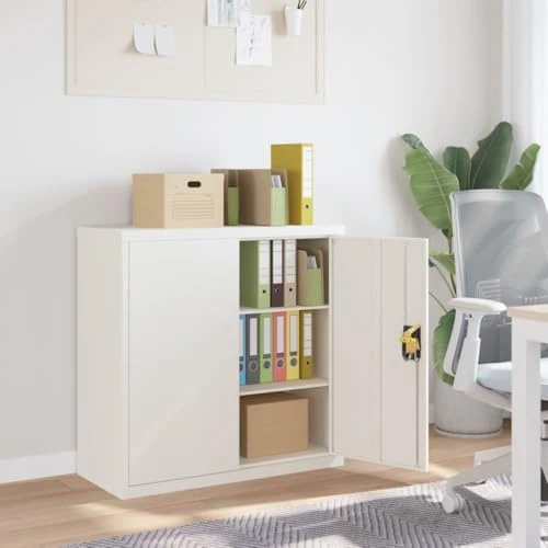 Aktenschrank Weiß 90x40x90 cm aus pulverbeschichtetem Stahl mit 2 Einlegeböden abschließbar Büroschrank für Büro, Arbeitszimmer, Homeoffice zur sicheren Archivierung von Dokumenten und