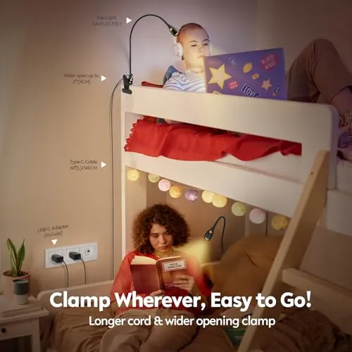 acegoo Minimalistische Leselampe mit Clip für das Kopfteil des Bettes, dimmbare Buchleuchte, 3000 K/Bernsteinlicht mit USB-C-Adapter, flexibler Gänsehals und praktischer Kopfschalter