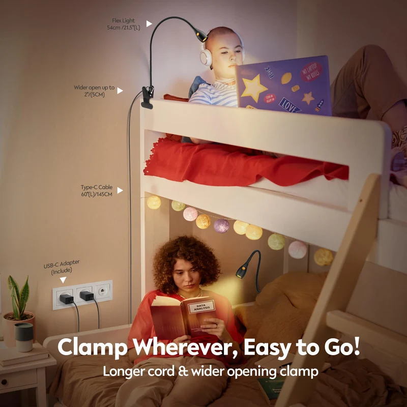 acegoo Minimalistische Leselampe mit Clip für das Kopfteil des Bettes, dimmbare Buchleuchte, 3000 K/Bernsteinlicht mit USB-C-Adapter, flexibler Gänsehals und praktischer Kopfschalter