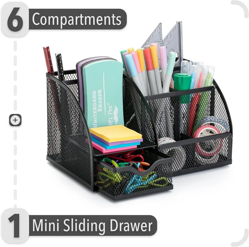 Desk Organizer – Mesh Metal Office Organizer with 6 Compartments and Drawer, Pen Holder for Pens, Sticky Notes, Staplers, and Clips (Black)