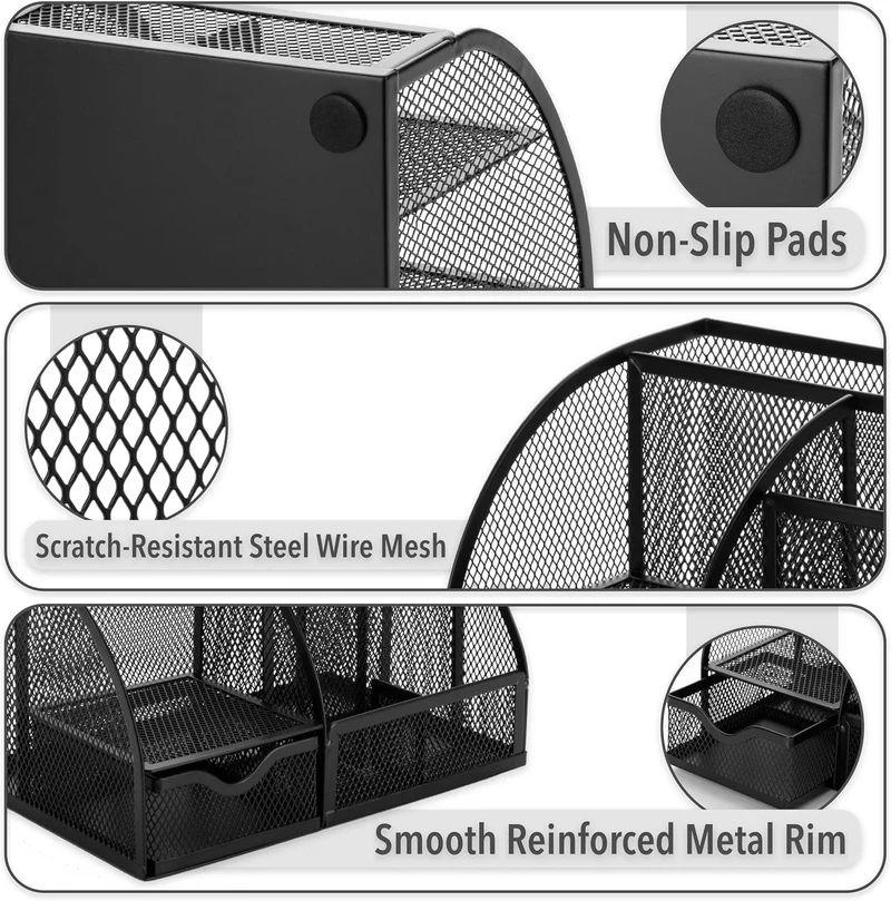 Desk Organizer – Mesh Metal Office Organizer with 6 Compartments and Drawer, Pen Holder for Pens, Sticky Notes, Staplers, and Clips (Black)
