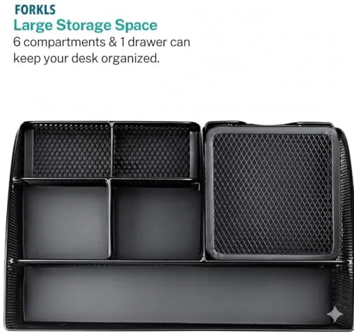 Desk Organizer – Mesh Metal Office Organizer with 6 Compartments and Drawer, Pen Holder for Pens, Sticky Notes, Staplers, and Clips (Black)