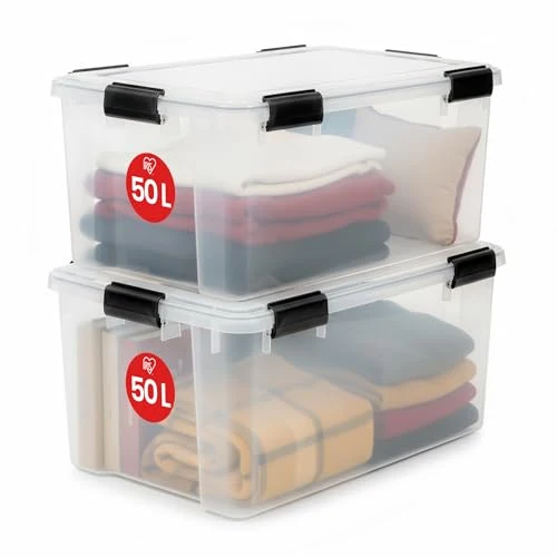 Iris Ohyama Luftdichte Kunststoff-Aufbewahrungsboxen mit Deckel, 50L, 2er-Set, Transparent, Hermetischer wasserdichter Verschluss, Robuste Schnappverschlüsse, Stapelbar, Staubschutz, BPA-frei, AT-L