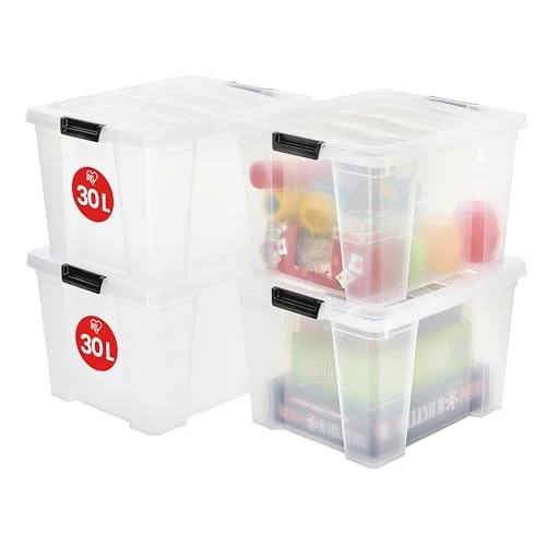 Iris Ohyama, Aufbewahrungsbox aus Kunststoff, 4er-Set, 30L - HB-30 - Transparent, L43 x T35 x H25.5 cm
